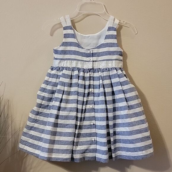 TAHARI BABY BLUE AND WHITE STRIPED SLEEVELESS DRESS WITH BOW, SIZE 4 - Picture 6 of 11